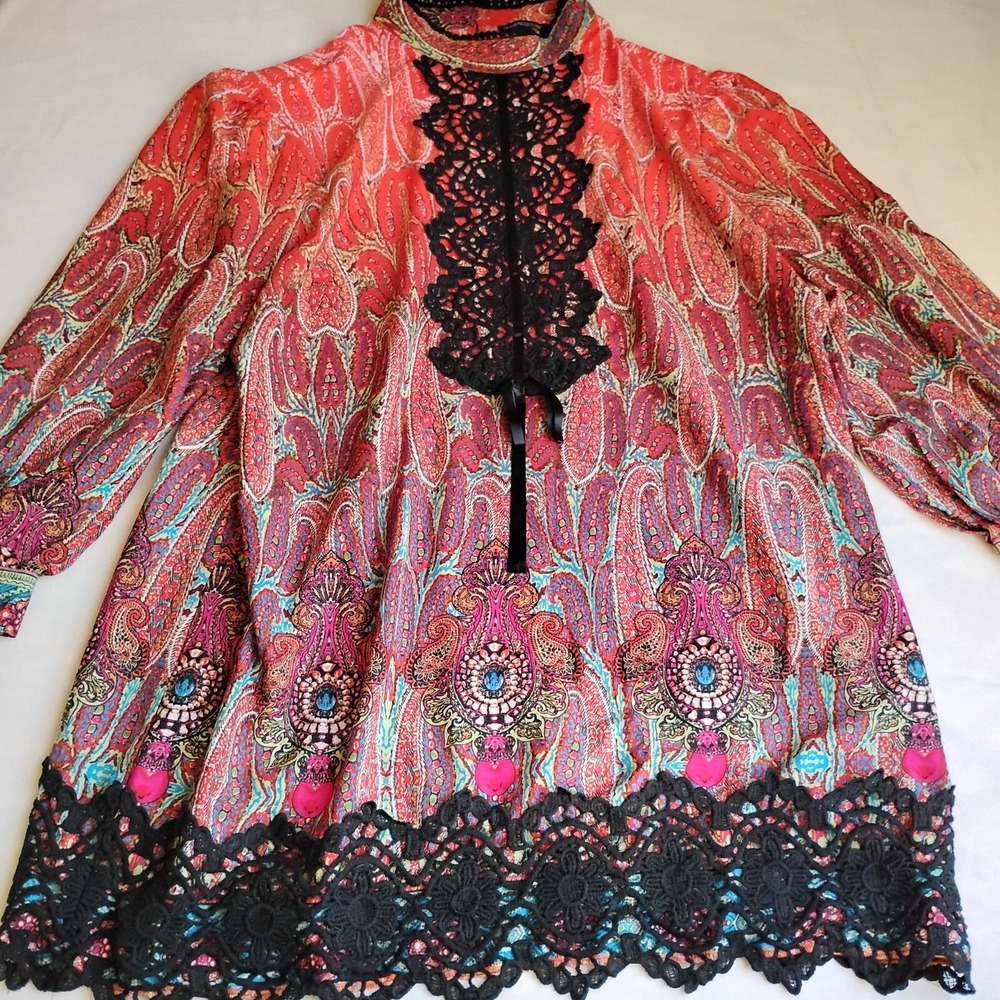 The Pyramid Collection Coral Pink Paisley Asymmetrical Dress with Black Lace